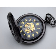 Premium Black Engraved Mechanical Pocket Watch with Chain